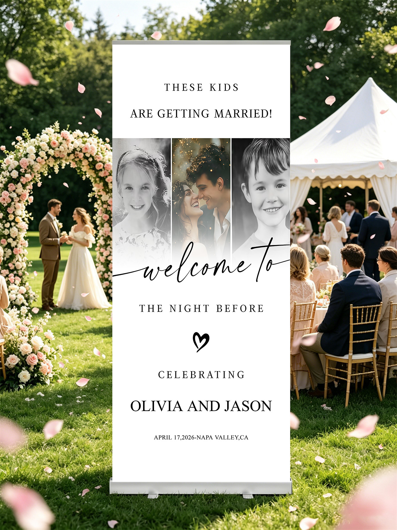 Customized wedding retractable banners - personalized photo wedding welcome signs, reception decorations and background curtains